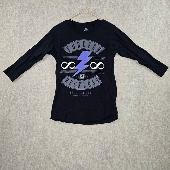 Young & Reckless Black Graphic Raglan Shirt Size M 100% Cotton 3/4 Sleeve Y2K - Picture 1 of 6